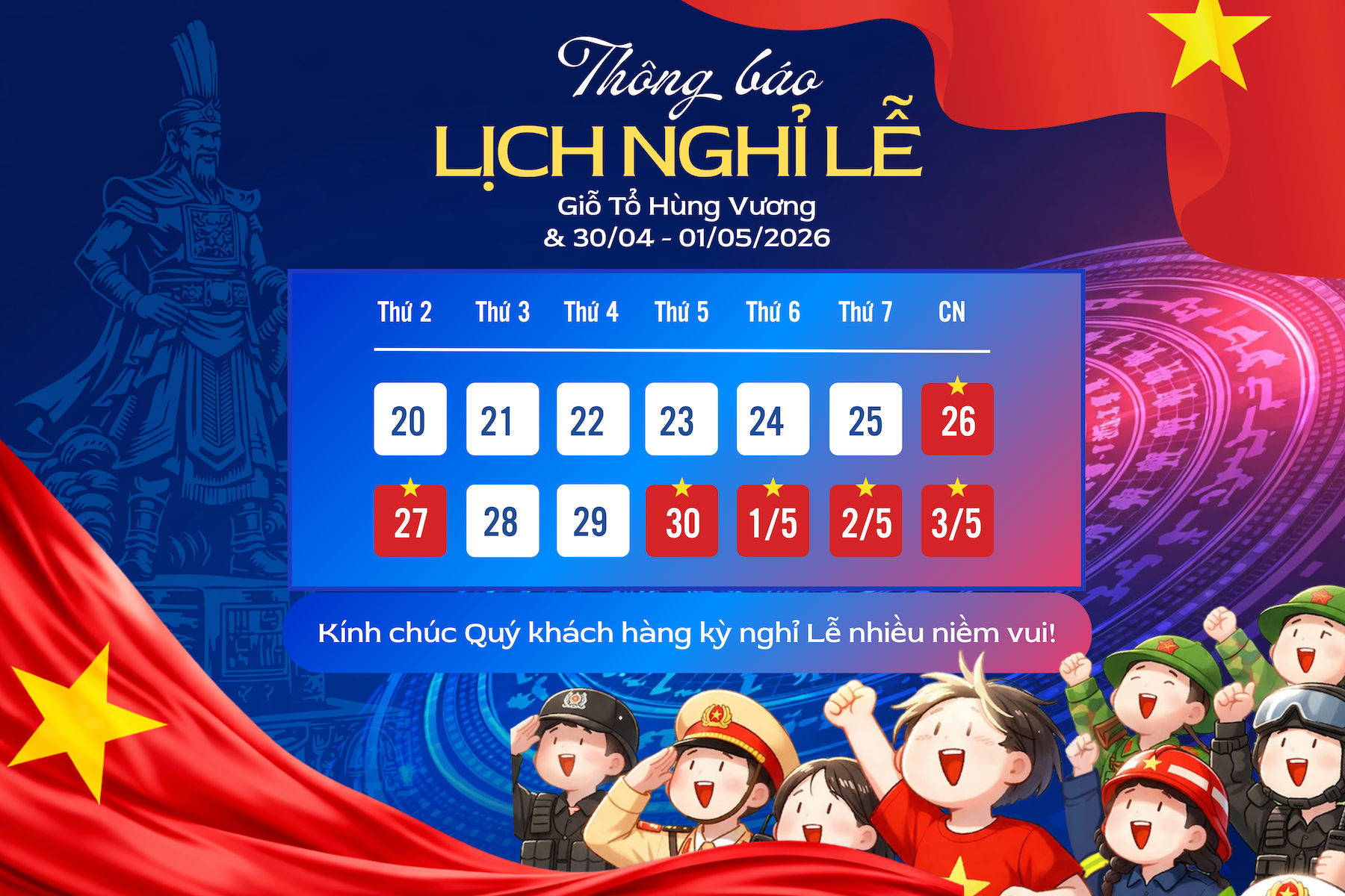 Thông báo lịch nghỉ Lễ Giỗ Tổ Hùng Vương và 30/04 - 01/05 năm 2026